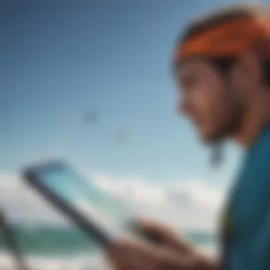 Close-up of a kiteboarder checking wind conditions on a mobile app.