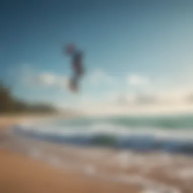 A serene beach scene with kiteboarders taking advantage of ideal wind conditions.