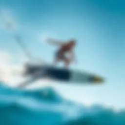 A surfer gliding above water on a hydrofoil board