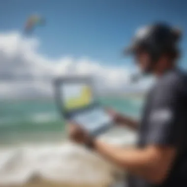 Kiteboarding enthusiast analyzing wind data on a digital device