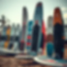 An array of hydrofoil boards displayed in an outdoor setting