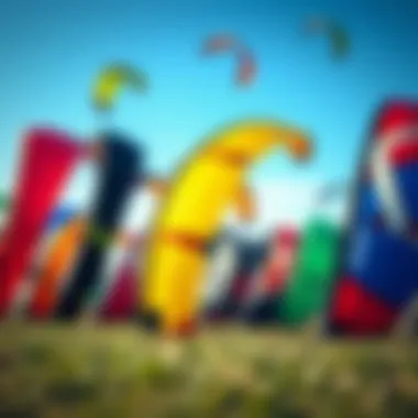 Diverse Training Kites Collection A diverse collection of training kites showcasing various designs and colors for kiteboarding