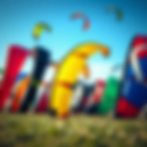 Diverse Training Kites Collection A diverse collection of training kites showcasing various designs and colors for kiteboarding