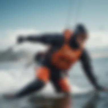 A kiteboarder in action wearing a drysuit, demonstrating performance on the water.