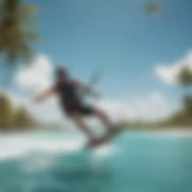 A kiteboarder gliding over the turquoise waters of Coconut Bay