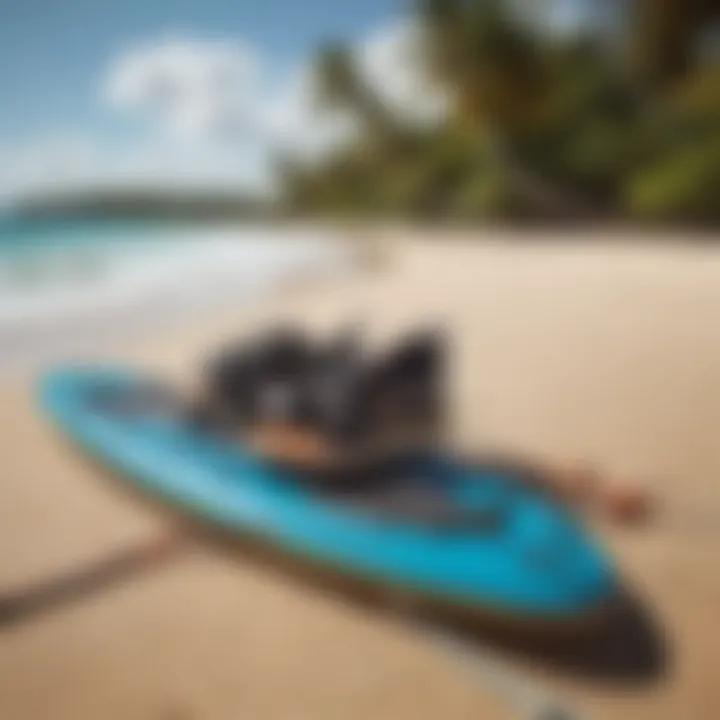 Kiteboarding gear laid out on the sandy beach