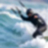 A kiteboarder navigating through cold waves wearing a high-quality wetsuit