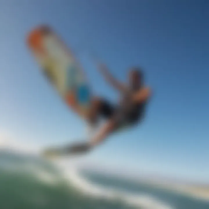 A beginner kiteboarder practicing in calm waters under a clear blue sky