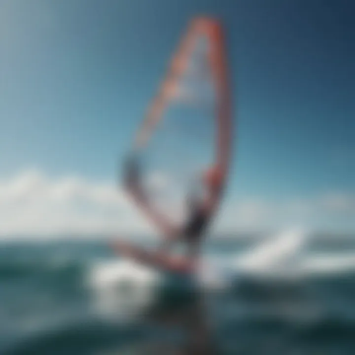 A dynamic action shot of a hydrofoil windsurfer gliding effortlessly over the water.