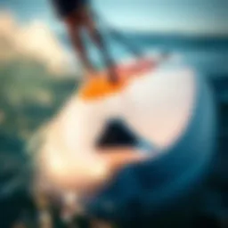 A close-up view of an inflatable SUP foil board showcasing its sleek design and construction.