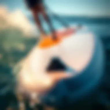 Sleek Design of Inflatable SUP Foil Board A close-up view of an inflatable SUP foil board showcasing its sleek design and construction.