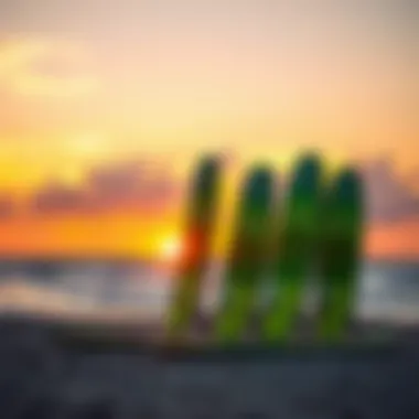 Sunset with Inflatable SUP Foil Boards A picturesque sunset scene featuring a group of inflatable SUP foil boards on a beach.
