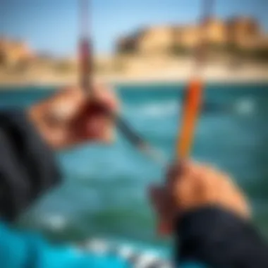 Precision in Kite Setup Close-up of a kiteboarder's hands adjusting kite lines