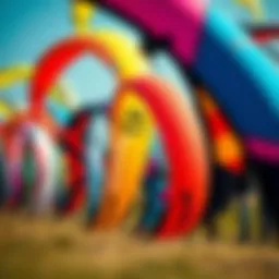 A vibrant selection of kiteboarding kites displayed outdoors