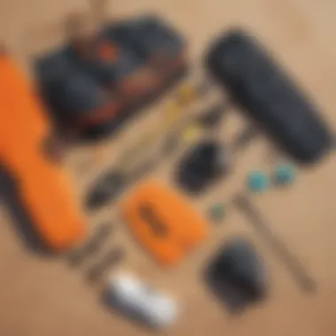 Kiteboarding gear laid out on the beach