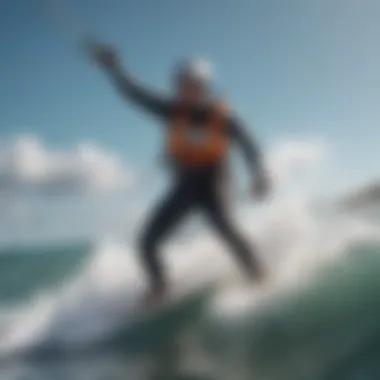 A kiteboarder navigating through waves