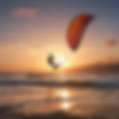 A scenic view of a kiteboarding spot at sunset