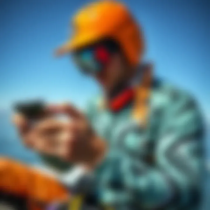 Technology Integration in Kiteboarding Kiteboarder checking weather flow meter data on a smartphone