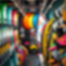 A vibrant kitesurfing shop showcasing an array of colorful kites and equipment.