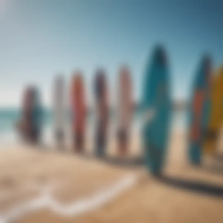 A variety of kitesurfing boards displayed on a beach