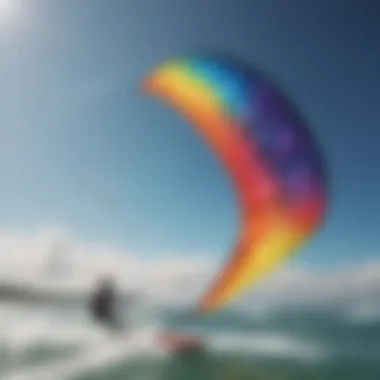 Close-up of a colorful kitesurfing kite in the air