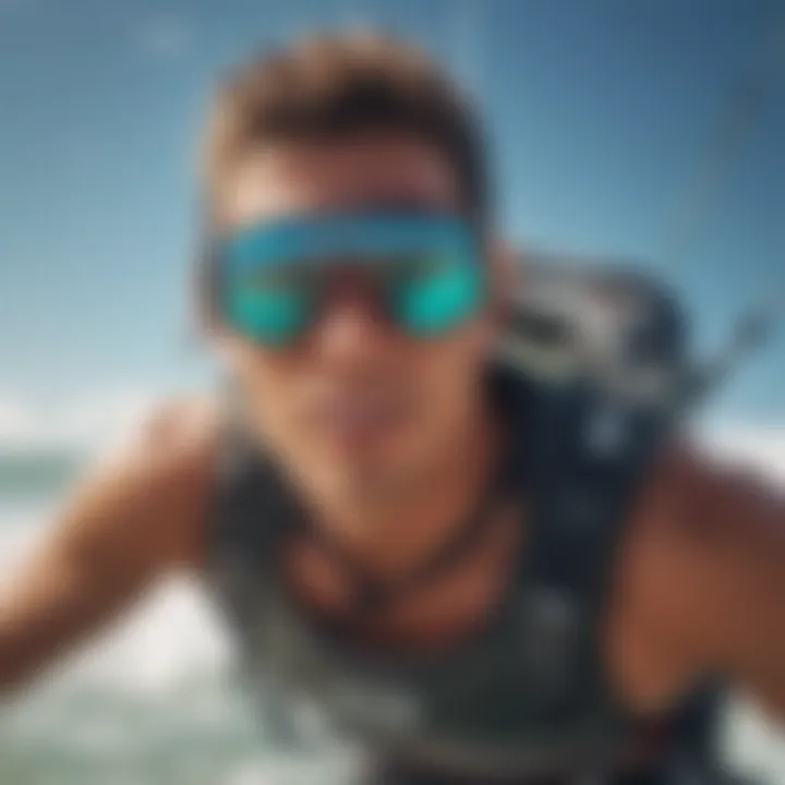 A kitesurfer wearing protective eyewear while riding the waves