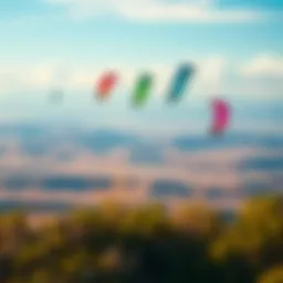 A vibrant landscape showcasing land kite surfing in action, with colorful kites soaring above diverse terrain.