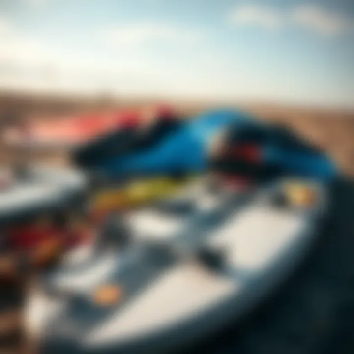 Essential Gear for Land Kite Surfing Close-up of essential land kite surfing equipment, including a kite, board, and harness laid out on the ground.