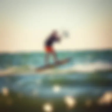 Kiteboarder in Action on Hydrofoil A kiteboarder skillfully riding a hydrofoil board over water, demonstrating performance