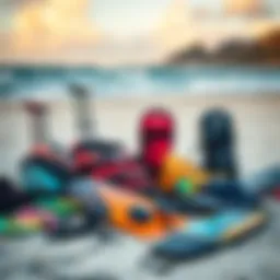 A collection of affordable kiteboarding gear displayed on a sandy beach
