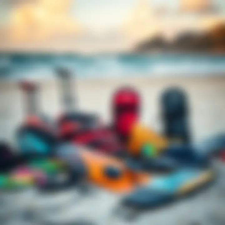 Affordable Kiteboarding Gear Collection A collection of affordable kiteboarding gear displayed on a sandy beach