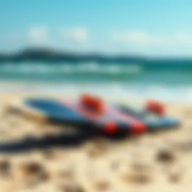 Durable Kiteboard on the Beach A well-maintained kiteboard resting on the beach, showcasing its durability