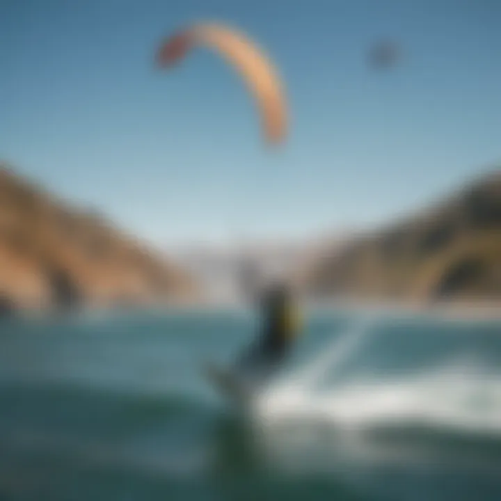 Kiteboarders gliding across the crystal-clear waters of Bodega Bay, highlighting the thrill and excitement of the sport.