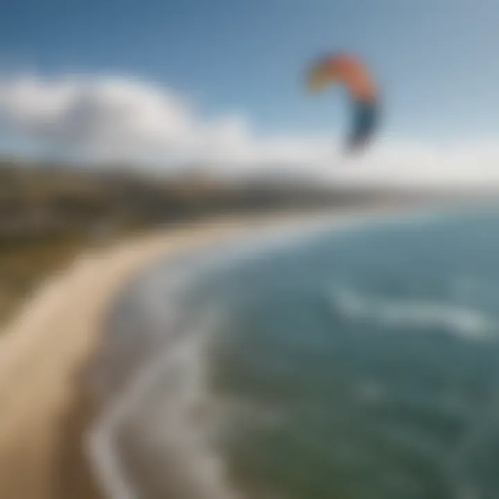 A panoramic view of a popular kiteboarding beach in Bodega Bay, illustrating the perfect conditions for water sports.