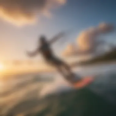 A kiteboarder gracefully navigating the waves at C Mauritius during sunset.