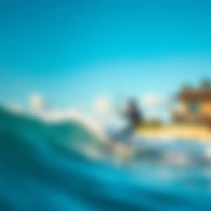 Kiteboarding Adventure Kiteboarder riding the waves near a beach shack