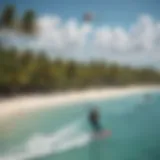 A breathtaking view of Coconut Bay Beach with kiteboarders in action