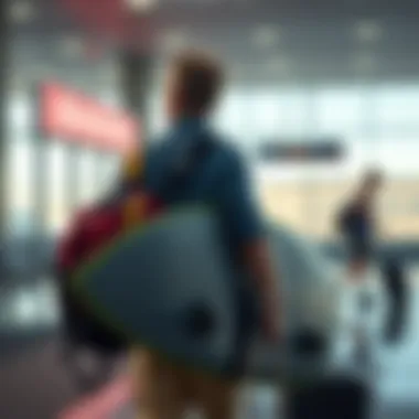 Traveler with surfboard bag at an airport