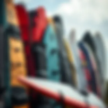 Various types of surfboard bags displayed together