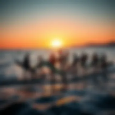 A foilsurfing community gathering at sunset, celebrating the sport