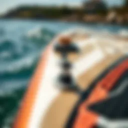 A close-up view of a hydrofoil board showcasing its intricate design and components