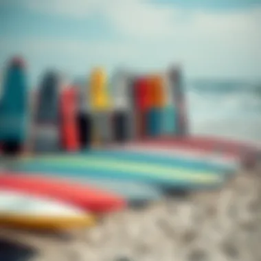Variety of Hydrofoil Surfboards Diverse range of hydrofoil surfboards displayed on the beach