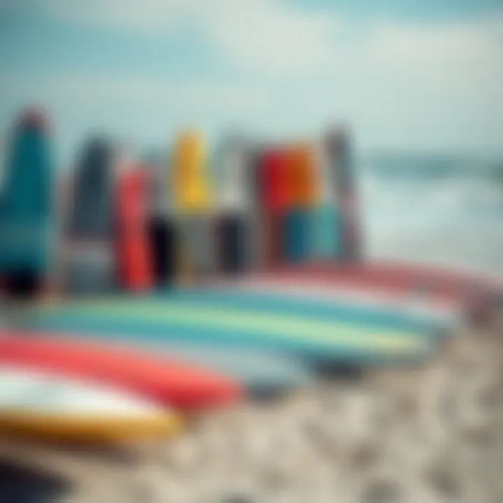 Variety of Hydrofoil Surfboards Diverse range of hydrofoil surfboards displayed on the beach