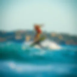 Hydrofoil wakesurfing rider gliding above the water's surface