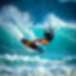 Dynamic kiteboarding action against tidal waves