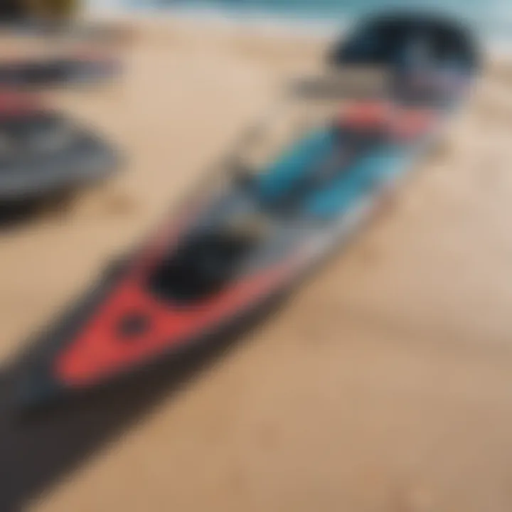 Close-up of high-quality kiteboarding equipment on the beach