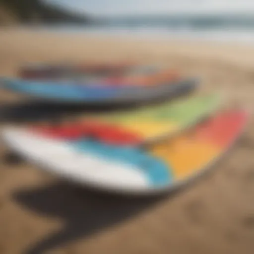 Different types of kite surfboards displayed on a beach