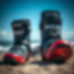 A close-up of high-performance kite surfing boots showcasing their design and materials.