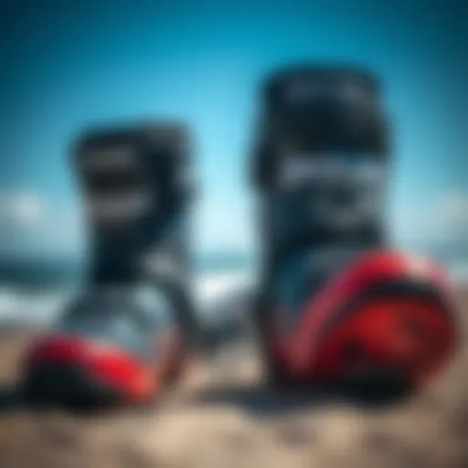 A close-up of high-performance kite surfing boots showcasing their design and materials.