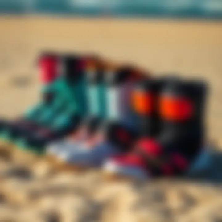 Variety of Kite Surfing Boots A variety of kite surfing boots placed on a sandy beach, highlighting different styles and features.